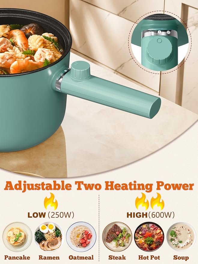 Topwit Hot Pot Electric, 1.5L Ramen Cooker, Portable Non-Stick Frying Pan, Hot Pot for Pasta, Steak, BPA Free, Electric Cooker with Dual Power Control, Over-Heating & Boil Dry Protection, Green | BPA-free, Glass Lid, Overheat & Boil-dry Protection, Ele...
