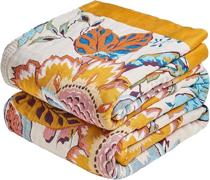 MSGKV Boho Throw Blanket 90"x108" 100% Cotton Floral Blanket King Bed Decor | 100% Cotton Muslin, Lightweight Throw Blanket, King Size Bed, Floral Farmhouse Decor, Soft & Breathable, All Season Comfort