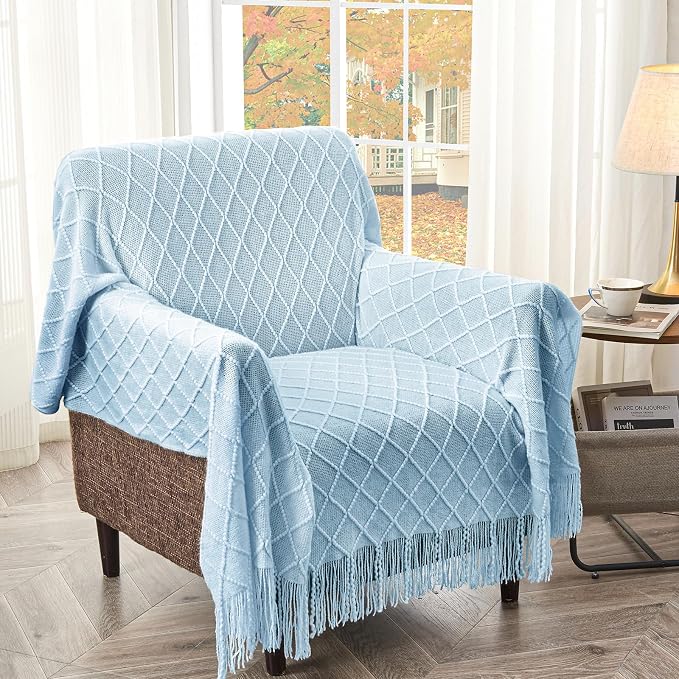 inhand Sky Blue Knitted Throw Blanket for Couch and Bed, 50"x60" | Soft Living Room Home Decor Knitted Blanket with Tassel, Outdoor Lightweight Breathable , Farmhouse Warm Woven Decorative