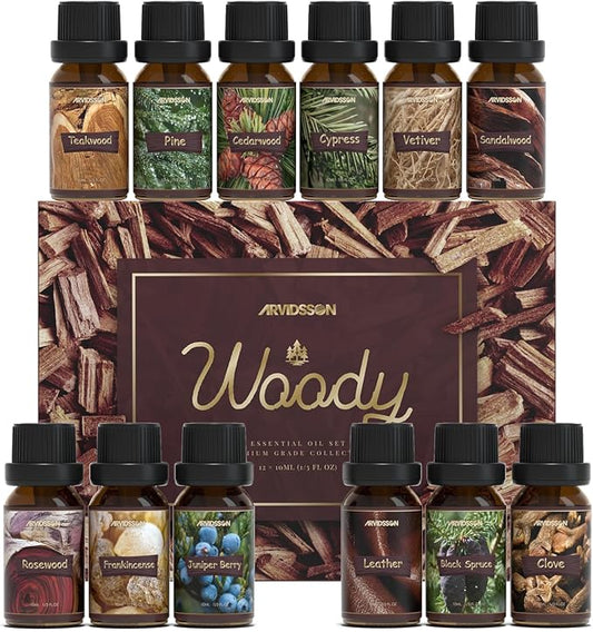 ARVIDSSON Woody Essential Oils Set, Wood Fragrance Oils Gift Set, 12 x 10ml Woodsy Essential Oil for Diffuser - Cedarwood, Sandalwood, Pine, Cypress, Frankincense, Juniper Berry, Clove and More