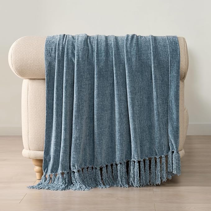 Chenille Knit Throw Blanket for Couch, 50"x60", Cloud Blue | Cozy Plush Fuzzy Knittd Throw with Tassels, Lightweight, Decorative, Farmhouse Decor, Ideal for Bed Sofa Gift, All Seasons