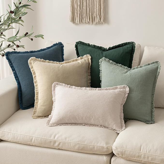 MIULEE Boho Linen Fringe Decorative Lumbar Throw Pillow Covers Beige 12x20 | Set of 2, Cottagecore Decor, Boho Farmhouse Neutral Pillow Covers, Rustic Couch Cushion Cases for Sofa Bed Living Room