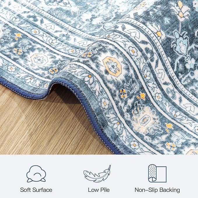 5x7 Area Rugs for Living Room Bedroom, Blue Washable Non-Slip Carpet | Soft Area Rug for Dining Room Home Office Indoor Nursery, Stain Resistant, Low Pile, Vintage Boho Distressed Rug