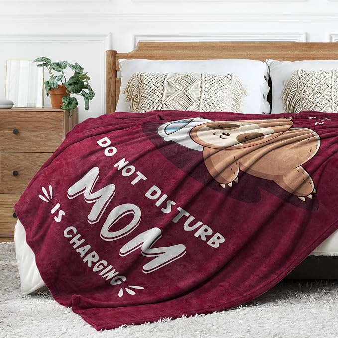 Leebbsin Funny Gifts for Mom, Birthday Gifts for Mom from Daughter Son | Mom is Charging Sloth Blanket, 60" x 50", Burgundy, Mom Gift for Christmas Mothers Day, Soft Sloth Throws Blanket for Mother