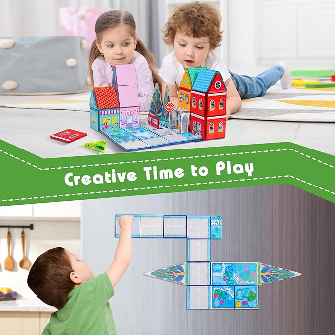 Magnetic Tiles Toddler Toys Fairytale Town Road Set, Magnetic Blocks Montessori Sensory Educational Learning Building Magnet Toys for 3 4 5 6 Year Old Boys Girls, Kids Preschool Classroom Must Haves