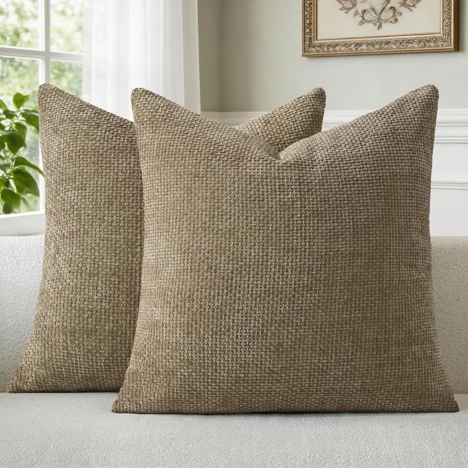 a moment Brown Chenille Throw Pillow Covers 24x24 Inch Pack of 2 Modern Decorative Throw Pillow Cases Farmhouse Cross Covers Home Decor for Sofa Bedroom Living Room