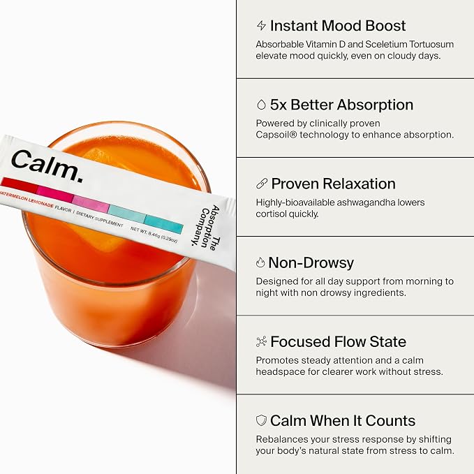 Calm Drink Mix - Relaxation Aid with Magnesium, Ashwagandha, L-Theanine, & Vitamin D - Supports Cortisol Regulation and Mood for Men & Women - Watermelon Lemonade Flavor 14 Sticks