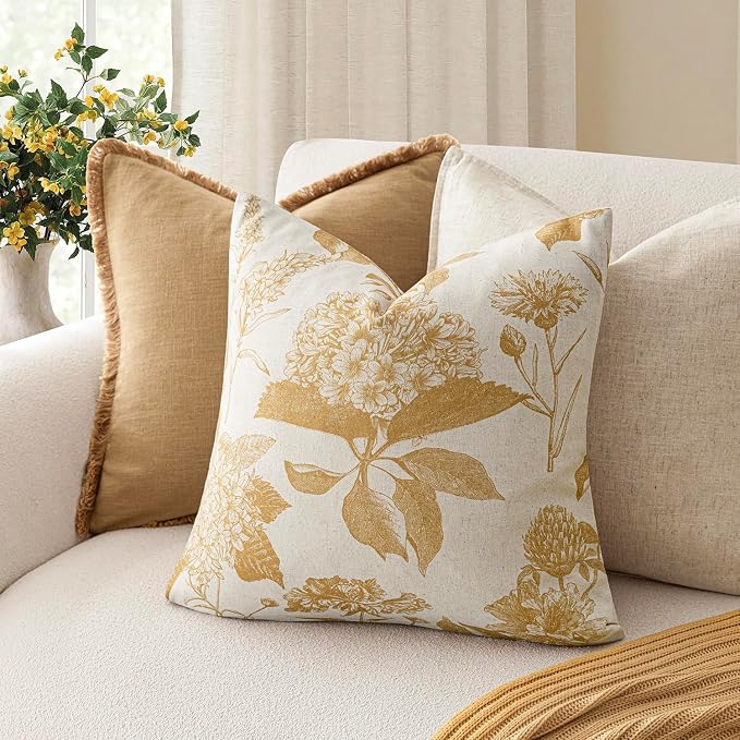 Foindtower Set of 2 Linen Floral Vintage Throw Pillow Covers Neutral Accent Print Decorative Cozy Cushion Covers Farmhouse Home Decor for Sofa Chair Couch Bed Living Room,24×24 Inch,Light Yellow
