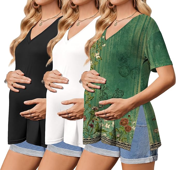 Ekouaer 3 Packs Women's Maternity Shirts V Neck Pregnancy Tops Short Sleeve Casual Workout Tees Side Split Mama Clothes