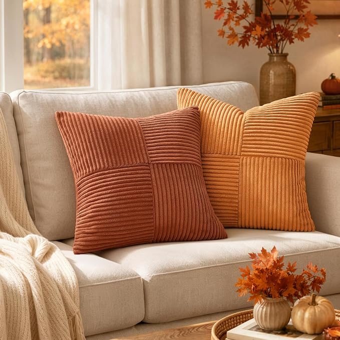 MIULEE Fall Burnt Orange Decorative Lumbar Throw Pillow Covers 12x20 Inch | 2 Pack, Boho Farmhouse Pillow Covers, Soft Cross Corduroy Patchwork Textured Cushion Cases For Bed Sofa