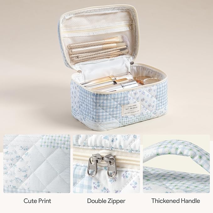 HBselect Quilted Makeup Bag, 3PCS Cotton Large Travel Makeup Bag, Cute Floral Coquette Make up Bag Cosmetic Bag Toiletry Bag for Women Girls