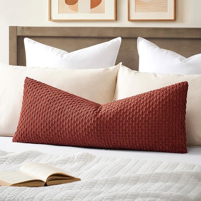 Kevin Textile Soft Corduroy 14"x36" Lumbar Pillow Cover 1 Pack, Burnt Brick | Fall Boho Stripe Plush Corduroy Decorative Oblong Cushion Cover Modern Farmhouse Home Decor for Sofa Couch Bed Chair