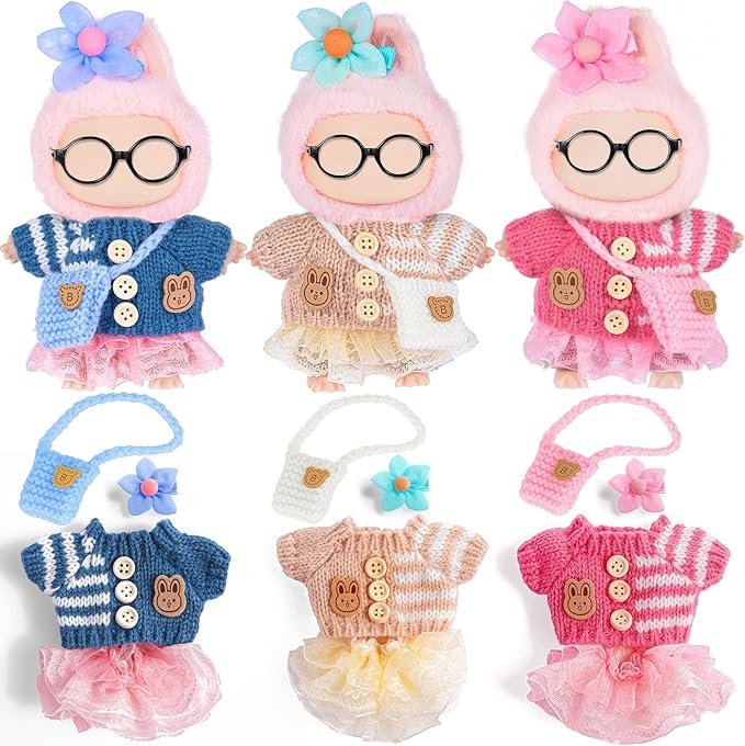 ebuddy 3 Sets Doll Clothes for 17cm Plush Doll - Fashion Outfit Collection Knit Tops + Tulle Skirts + Floral Hair Clips & Bags -Clothes Only No Glasses
