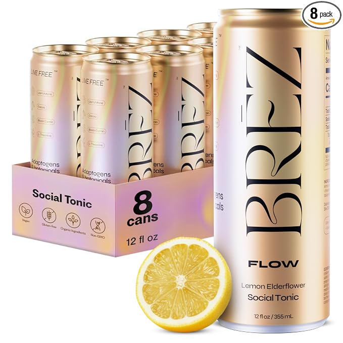 BRĒZ FLOW Alcohol Alternative Drink – Non Alcoholic Sparkling Drink with Lion’s Mane Mushroom, Lemon Elderflower, Adaptogen Beverage for Mood & Focus, Alcohol Alternatives with a Buzz, 8 Pk 12 Fl Oz