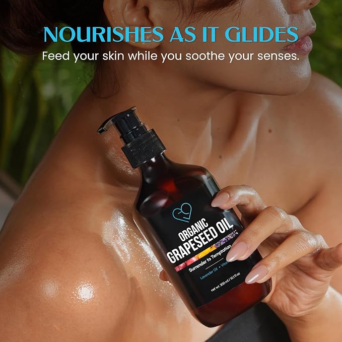 Organic Grapeseed Massage Oil with Lavender & Vitamin E – Lightweight, Non-Greasy Body & Skin Oil for Massage, Aromatherapy & Moisturizing – 10.1 fl oz (300 ml)