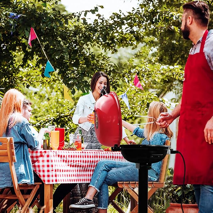Electric Grill Outdoor BBQ, Techwood 15-Serving Indoor/Outdoor Electric Grill for Indoor & Outdoor Use, Double Layer Design, Portable Removable Stand Grill, 1600W (Stand Red BBQ Grills)