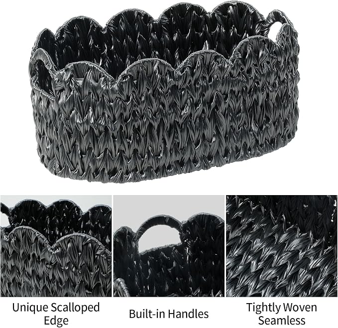 Coeusy Wicker Scalloped Basket Set of 2,Woven Storage Baskets for Shelves,Closet,Laundry,Gift,Towels,Books,Toys,Waterproof Decor Basket for Organizing,Black Oval