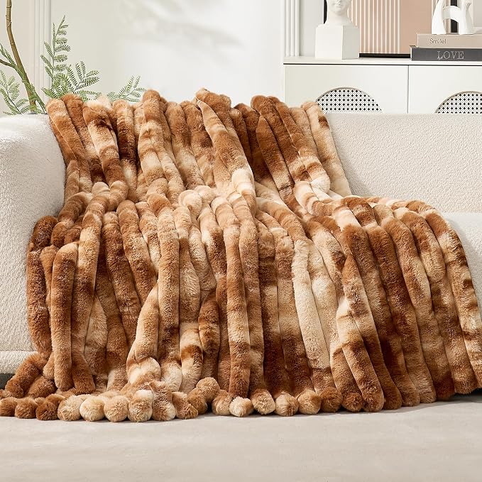 Cozy Bliss Faux Fur Throw Blanket for Couch, Cozy Warm Plush Striped Blanket for Sofa Bedroom Living Room, 50 * 60 Inches Tie-dye Brown