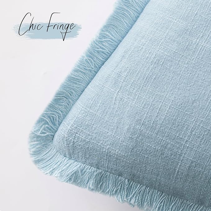 Foindtower Set of 2 Decorative Linen Fringe Throw Pillow Covers Cozy Boho Farmhouse Cushion Cover with Tassels Soft Accent Pillowcase for Couch Sofa Bed Living Room Home Decor,20×20 Inch,Light Blue