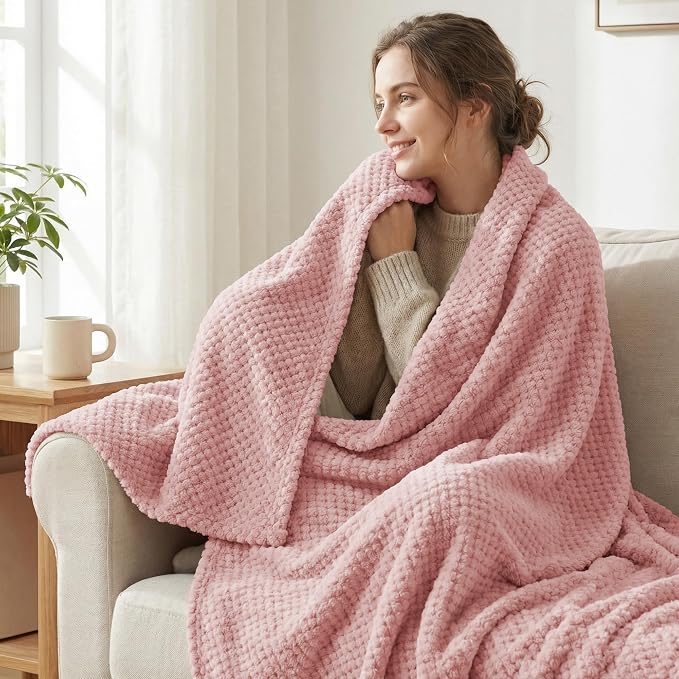 Exclusivo Mezcla Soft Waffle Fleece Bed Blanket Twin XL Size, Pink | Lightweight Plush Blanket for Bed, Couch, Sofa, Cozy Fluffy Design for Bedroom, Guest Room, All Season, 90x66 Inches