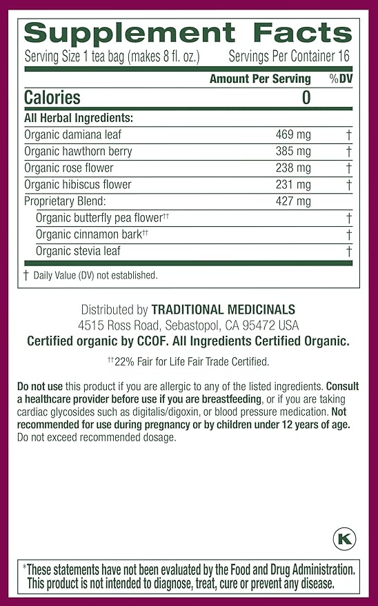 Traditional Medicinals Organic, Rosy Mood, Damiana & Butterfly Pea Flower - Uplifting Mood Support - Kosher, Non-GMO, Caffeine-Free, Compostable - 16 Tea Bags (Pack of 2)