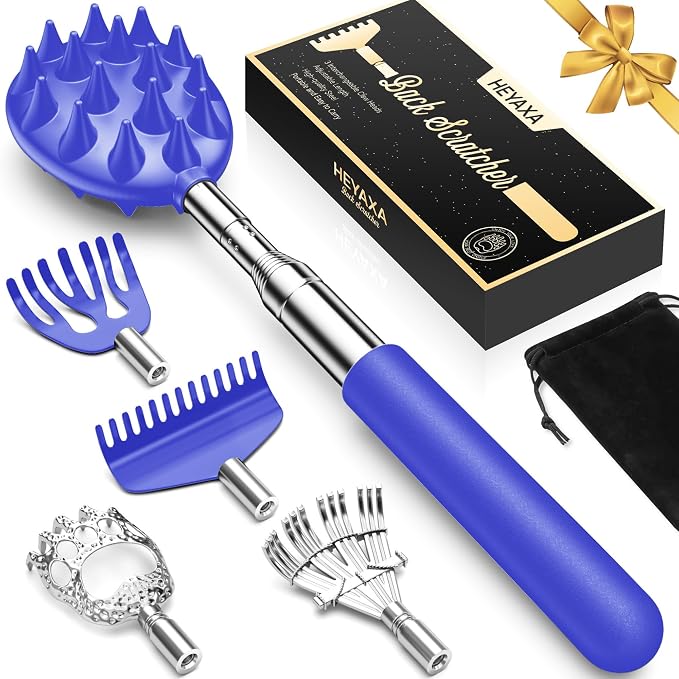 Upgraded Reinforced Telescoping Back Scratcher with 5 Detachable Heads, Larger Scratching Tips,Dad Gifts for Men, Women and Adults