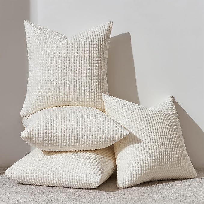 Topfinel 24x24 Inch Small Throw Pillow Covers Pack of 4 for Living Room Couch Bed Soft Corduroy Windmill Textured Boho Striped Patchwork Pillow Covers House Decor,Cream