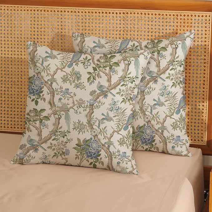 Blue Green Floral Bird Pillow Covers 22x22 Set of 2 Chinoiserie Throw Pillows Green Vintage Flowers Bird Decorative Pillow Cases Outdoor Chinoiserie Decor Farmhouse Cushion Case for Couch Sofa