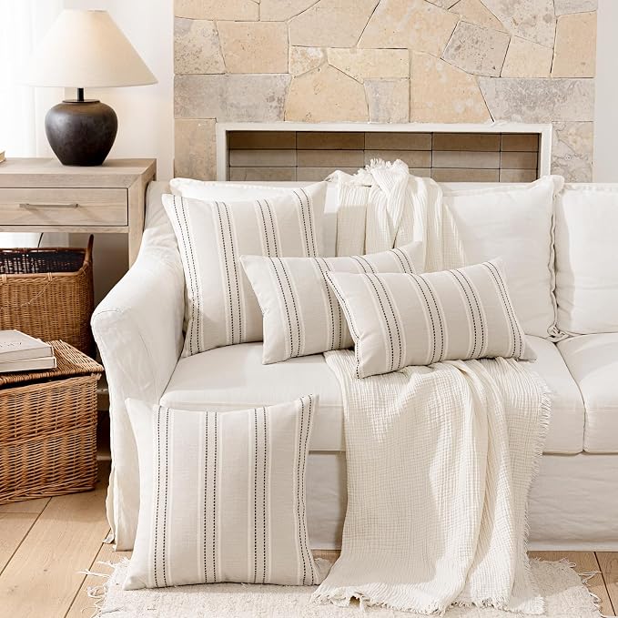 Hckot Striped Throw Pillow Covers 18x18 Set of 2 Charcoal Pillow Covers | Farmhouse Decorative Pillows Textured Linen Square Cushion Covers for Sofa Couch Bed Living Room Decor