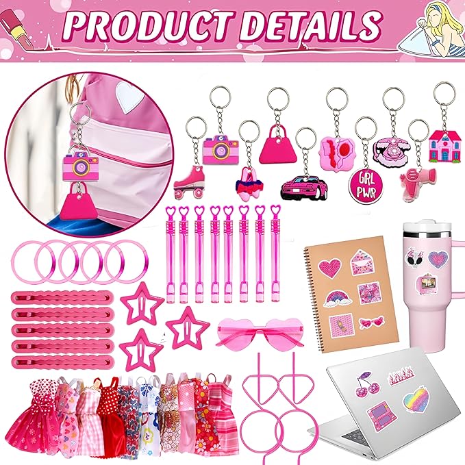 152pcs Pink Party Favors for People, Birthday Party Favors Kit Keychain Bracelet Bubble Stickers Straws Heart Sunglasses Little Skirt Hot Pink Princess Birthday Party Supplies