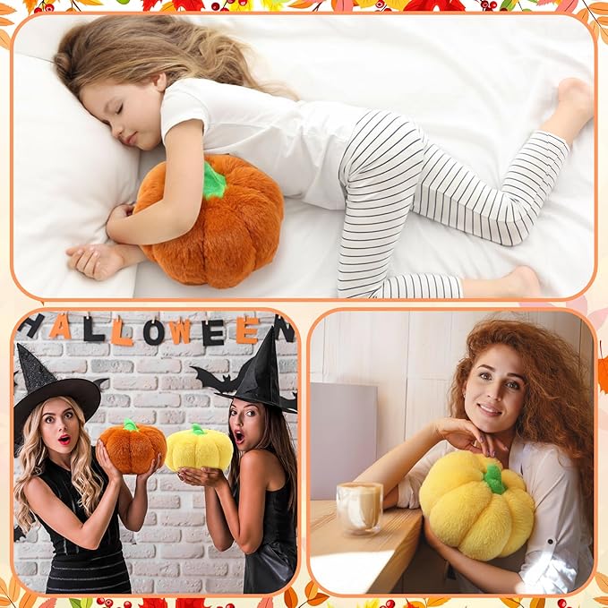 4 Pcs Pumpkin Pillows Fall Halloween Pumpkin Stuffed Animals Rabbit Hair Plush Toys Fluffy Thanksgiving Decor Throw Pillows Gifts for Kids for Home Bedroom Sofa Couch(Yellow,Brown)