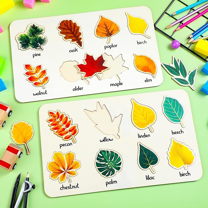 2 Pack Leaf Wooden Jigsaw Puzzles Preschool Puzzles Leaf Puzzle Montessori Toy Educational Plant Early Educational Learning Toys for Birthday Gift School Games