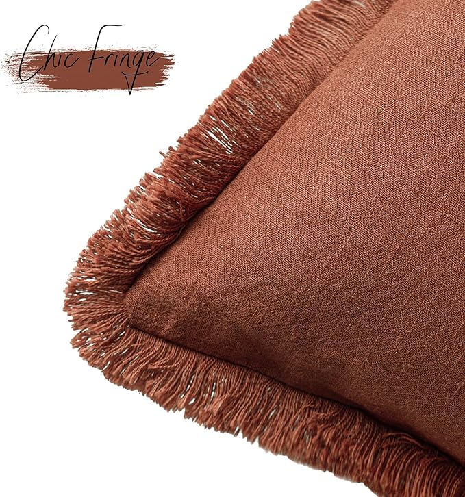 Foindtower Set of 2 Decorative Linen Fringe Throw Pillow Covers Boho Farmhouse Cushion Cover with Tassels Soft Accent Pillowcase for Couch Sofa Bed Living Room Home Decor, 26×26 Inch, Fall Rust Orange