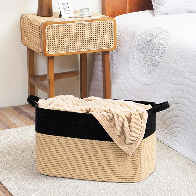 Goodpick Large Woven Blanket Basket, Rectangle, Black & Camel | 21.6'' x 14.9'' x 11.8'' Wicker Storage Basket for Toys & Blankets, Bedroom & Nursery Organization, Reinforced Handles