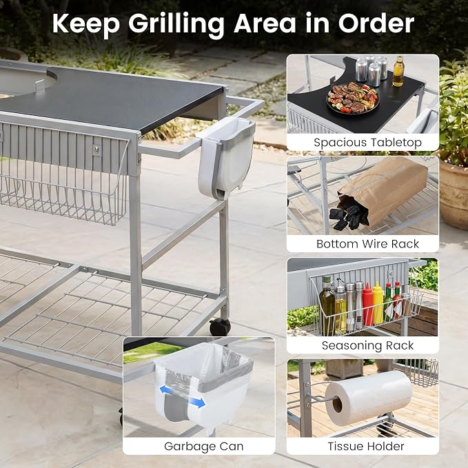 HAPPYGRILL Outdoor Grill Table w/Storage for 18”& 22” Weber Original Kettle | Movable BBQ Grill Cart with Wire Rack, Seasoning Rack & Garbage Can, Prep Kitchen Island for Backyard Camping Picnic