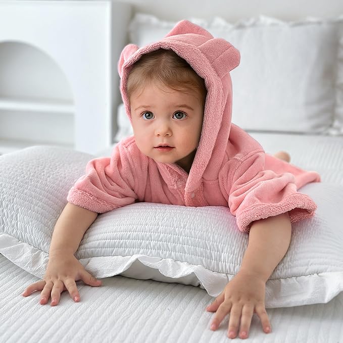 VOOVA & MOVAS Toddler Bath Towel with Bear Ear Hood, 0-3Years | 100% Cotton, Ultra-Soft & Absorbent | Gentle for Sensitive Skin, Bathroom, Pool & Beach Towel | Newborn, Coral