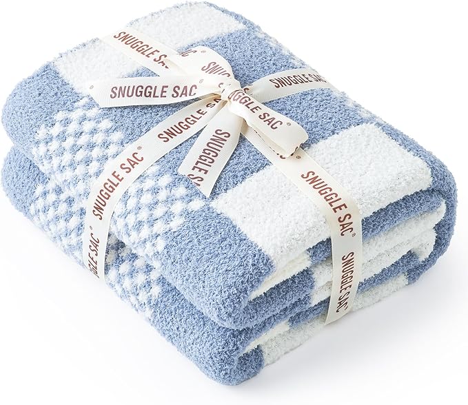Snuggle Sac Checkered Blanket, Blue Throw Blanket for Couch Plaid Microfiber Fluffy Warm Fuzzy Cozy Soft Throw Blanket Reversible Checkered Blankets for Sofa, Chair, Bed, 50x60 inches