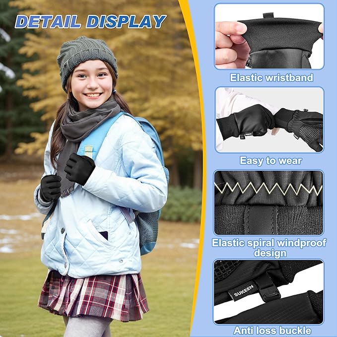 Sukeen Kids Winter Warm Gloves for Boys Girls Windproof PU Cold Weather Gloves Aged 4-14 Anti-Slip Gloves for Cycling Outdoor