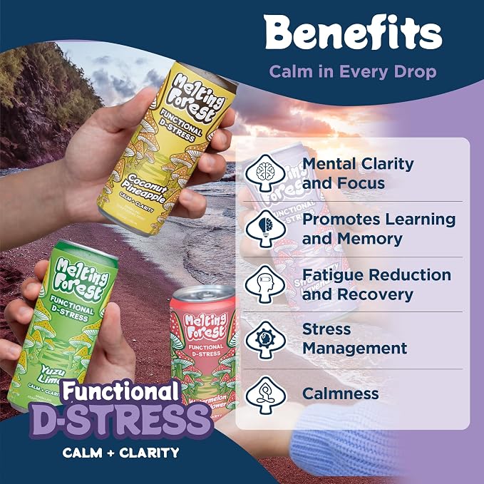 Melting Forest Functional Mushroom D-Stress - Adaptogen Drink with L-Theanine, Reishi, Lion's Mane & Magnesium - Relaxation Drinks for Stress Relief - Zero Sugar, 5 Calories - Variety Pack (12-Pack)
