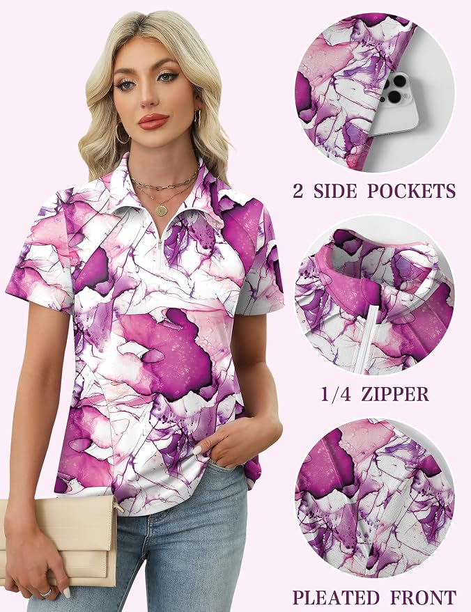 LOMON Womens Golf Polo Shirt Summer Short Sleeve Quarter Zip Outfit | Side-Pockets,Princess Seams,Cotton,Wrinkle Free,Moisture Wicking,Quick-Dry,Lightweight,Collared,for Tennis Workout