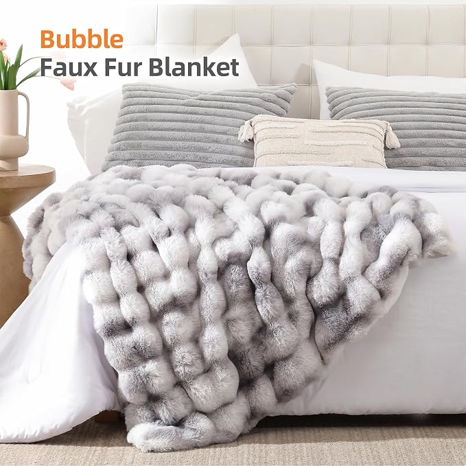 Faux Fur Throw for Couch - Tie-dye Grey Bubble Blanket 60"x80" | Fluffy Plush Fuzzy Throw for Sofa & Bed, Super Soft Cozy Comfrt Blanket, Luxury Aesthetic Grey Decor Gift for Women