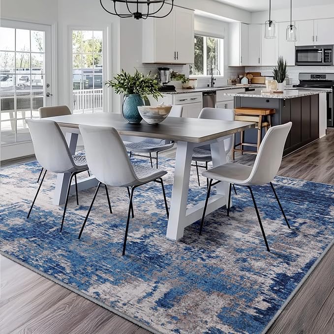 RELEANY Washable Square 9'x9' Area Rug for Living Room Blue Gray | carpet for bedroom, kitchen, office, hallway and entryway, printed pattern, non-slip, soft, stain-resistant, easy to clean