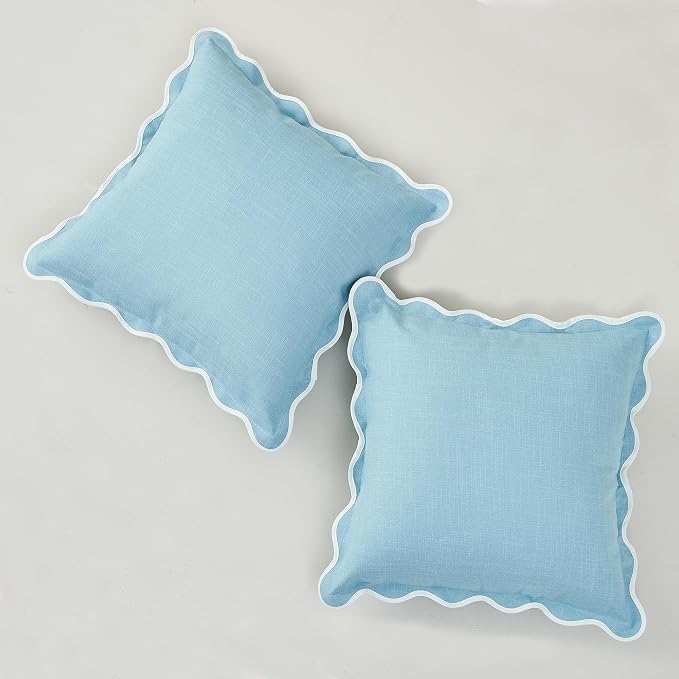 Scalloped Pillow Covers Set of 2 for Living Room | Spring Decorative Sofa Couch Pillows | Boho Sytle Decorative Home | Aesthetic Funky Preppy Pillow Cases (Blue, 24x24 Inch)
