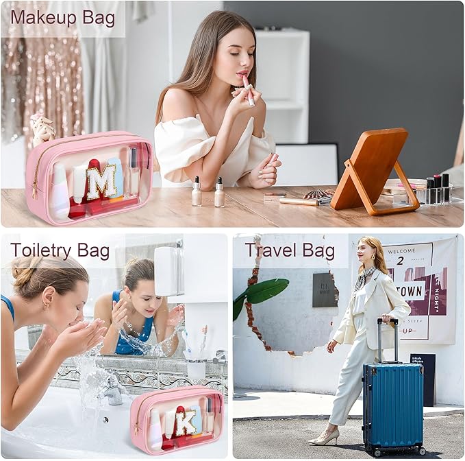 YOOLIFE Initial Travel Essentials Makeup Bag, Make Up Bag Skin Care Clear Toiletry Bag Pouch Cosmetic Bag Case Large Makeup Bag Personalized Pink Birthday Gifts for Women Teacher Mom Teen Friends V