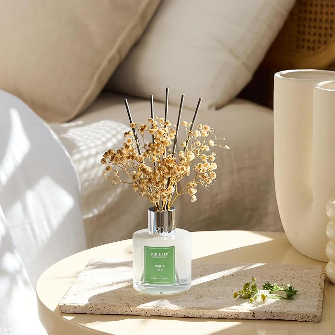 Airkeep Reed Diffuser Set,3.38 fl oz (100 ml) - White Tea Oil Diffusers with 8 Reed Sticks, Home Fragrance Reed Diffuser for Bathroom Shelf Decor