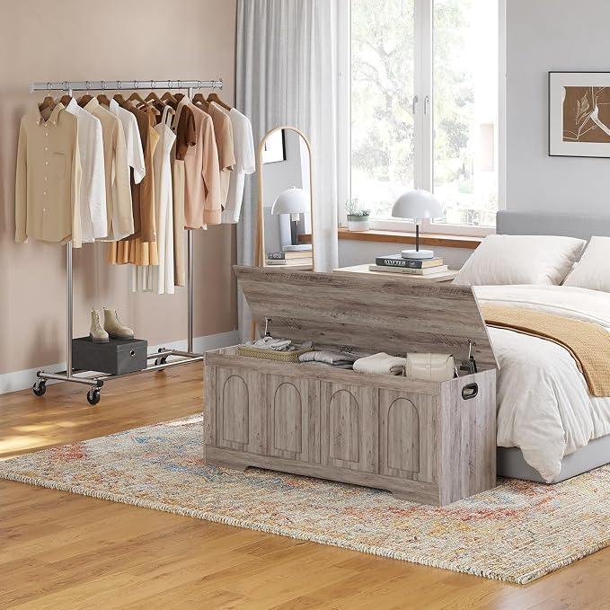Storage Chest, Wooden Toy Box, Greige 47.2" L | Entryway Shoe Bench, 2 Soft-close Hinges, Finger-safe Flip-Top Lid, Easy Assembly, Farmhouse Large Trunk, Living Room/Bedroom