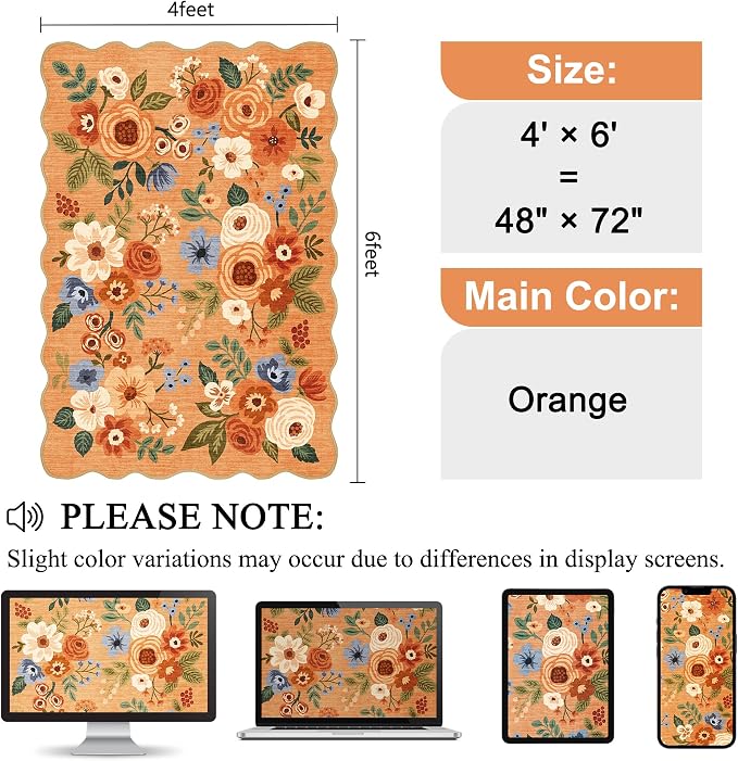 DUKINO 4x6 Area Rug, Non Slip Floral Washable Rug for Living Room, Orange | Low Pile, Stain Resistant, Soft Throw Rugs for Bedroom, Office, Dining Room, Nursery, Pet Friendly, Home Decor, Lightweight