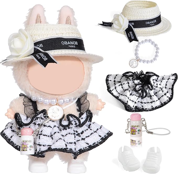 Chic Style 17cm Doll Clothes Accessories Set Include: 1 Dress, 1 Hat, 1 Necklace, 1 Water Bottle and 1 Shoes for Dress up Your Dolls (Doll Not Included), White #1