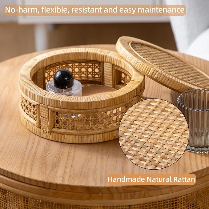 Rattan Decorative Box, Boho Decorative Boxes with Lids, Set of 2 Round Farmhouse Wicker Storage Box, Natural Woven Cane Bins for Home Decor