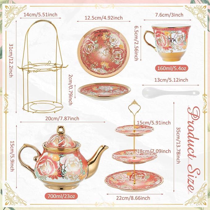 Maxcheck 21 Pcs Porcelain Tea Set for Women Tea Party with Metal Holder and 3 Tier Cake Stand Ceramic European Floral Teapot Set for Adults Mother's Day Christmas Thoughtful Gift(Romantic Style)